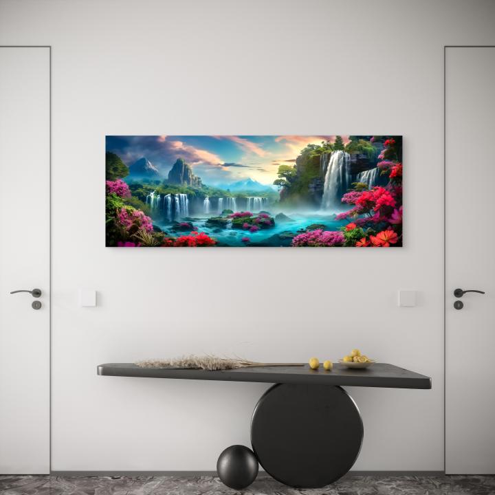 Fantasy Waterfall Tempered Glass Wall Art, Pink Flowers Nature Scene.