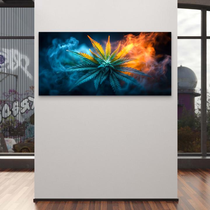 Tempered Glass Wall Art Cannabis Leaf, Fire and Ice Smoke Effect