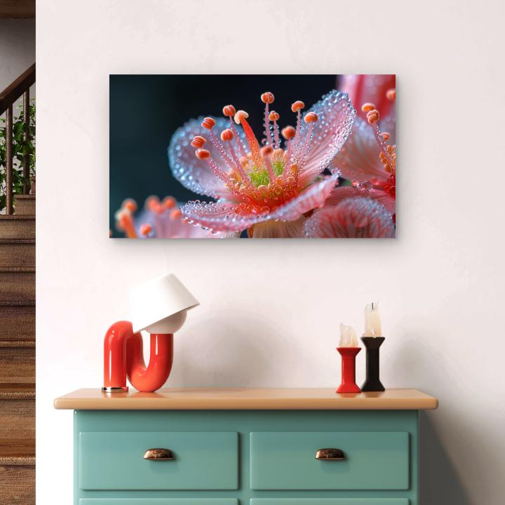Pink Flower with Dew Drops – Tempered Glass Wall Art | Modern Home Decor | Glossy Glass Artwork