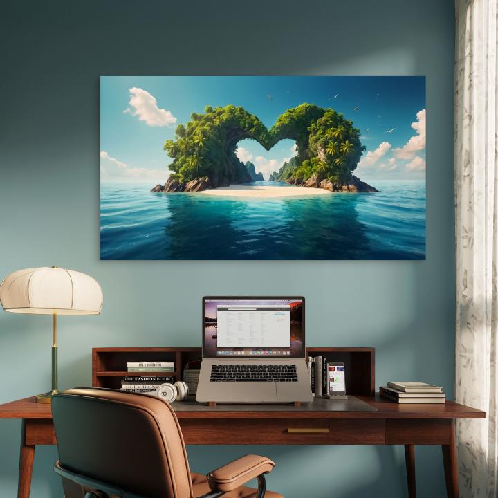 Large Heart Shaped Island Tempered Glass Art,Tropical Love Island Wall Decor,Honeymoon Gift