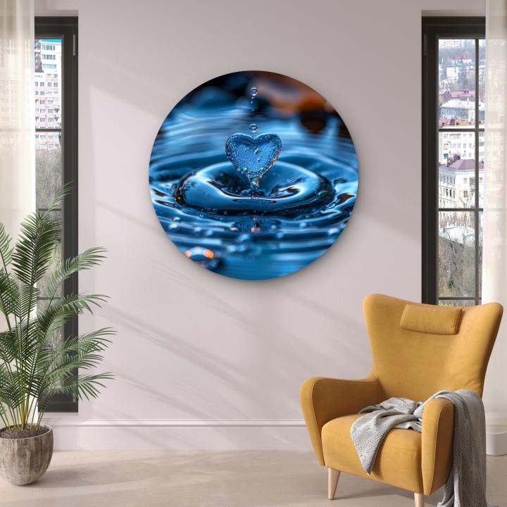 Blue Heart Water Drop Round Tempered Glass Wall Art, Macro Splash Photography, Abstract Ocean Decor