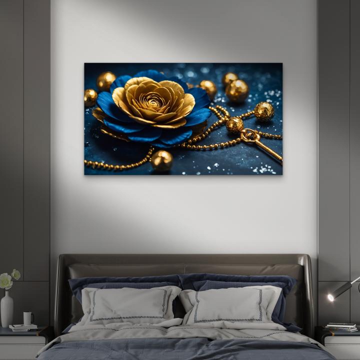 Luxury Gold Flower on Deep Blue Background – Large Tempered Glass Wall Artwork