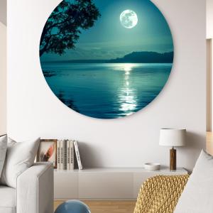 Round Tempered Glass Wall Art - Moonlight Lake Scene | Night Landscape Modern,Glossy Glass Artwork
