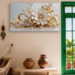 Exquisite Pearl and Gold Embellished Floral Tempered Glass Art | Glossy Large Glass Panel Decor