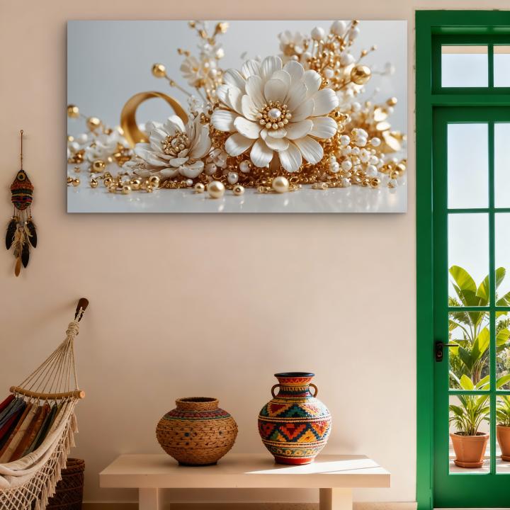 Exquisite Pearl and Gold Embellished Floral Tempered Glass Art | Glossy Large Glass Panel Decor