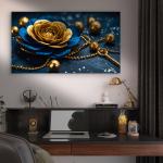 Luxury Gold Flower on Deep Blue Background – Large Tempered Glass Wall Artwork