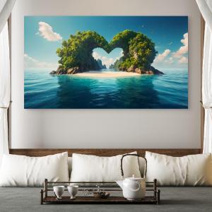 Large Heart Shaped Island Tempered Glass Art,Tropical Love Island Wall Decor,Honeymoon Gift