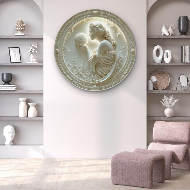 Moon Goddess Embossed Art,Elegant Female Figure Tempered Glass Wall Art,3D Relief Effect Round