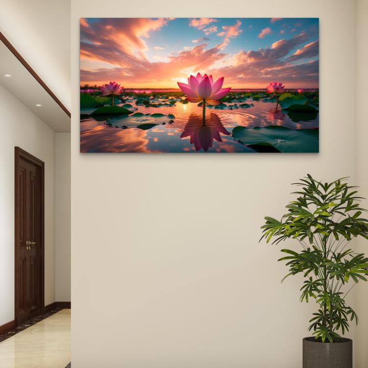 Lotus Flower Tempered Glass Wall Art, Sunset Zen Decor,Large