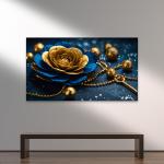 Luxury Gold Flower on Deep Blue Background – Large Tempered Glass Wall Artwork