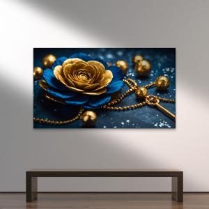 Luxury Gold Flower on Deep Blue Background – Large Tempered Glass Wall Artwork