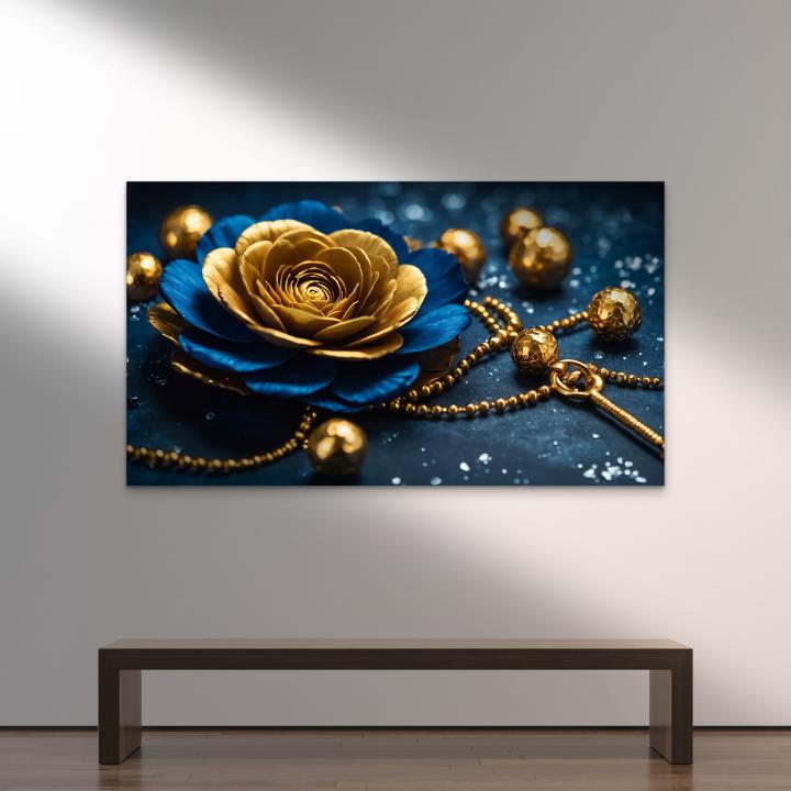 Luxury Gold Flower on Deep Blue Background – Large Tempered Glass Wall Artwork