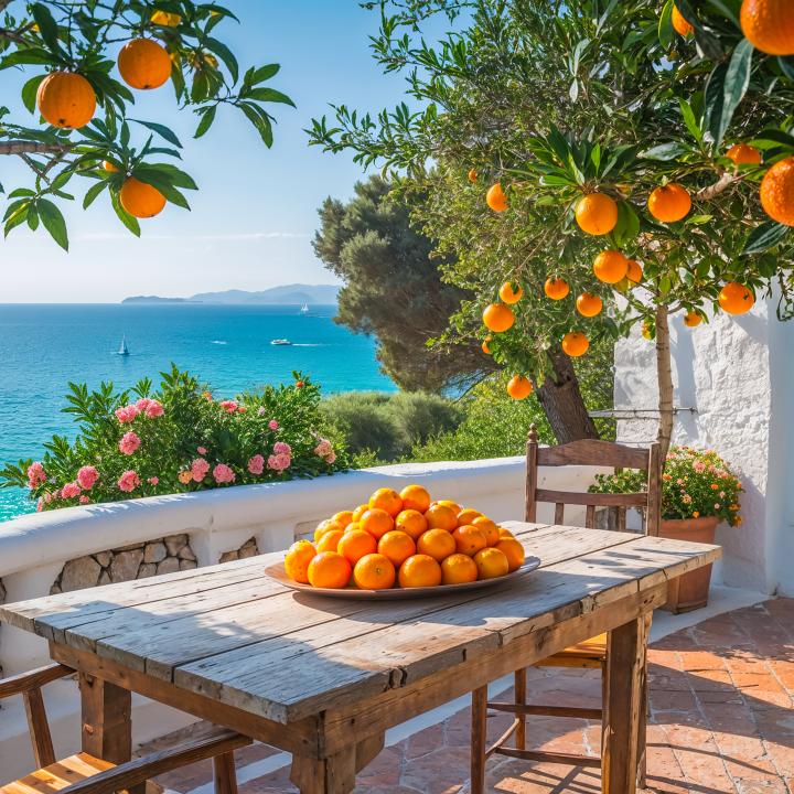 Large Tempered Glass Print | Oranges on a Mediterranean Terrace with Turquoise Sea View