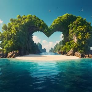 Large Heart Shaped Island Tempered Glass Art,Tropical Love Island Wall Decor,Honeymoon Gift