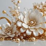 Exquisite Pearl and Gold Embellished Floral Tempered Glass Art | Glossy Large Glass Panel Decor