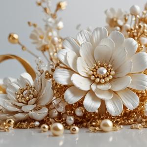 Exquisite Pearl and Gold Embellished Floral Tempered Glass Art | Glossy Large Glass Panel Decor