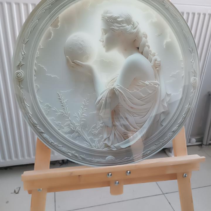 Moon Goddess Embossed Art,Elegant Female Figure Tempered Glass Wall Art,3D Relief Effect Round